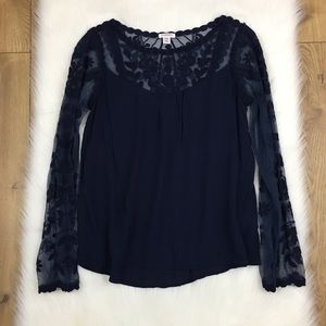 Xhiliration Navy Blue Lace Long Sleeve Blouse